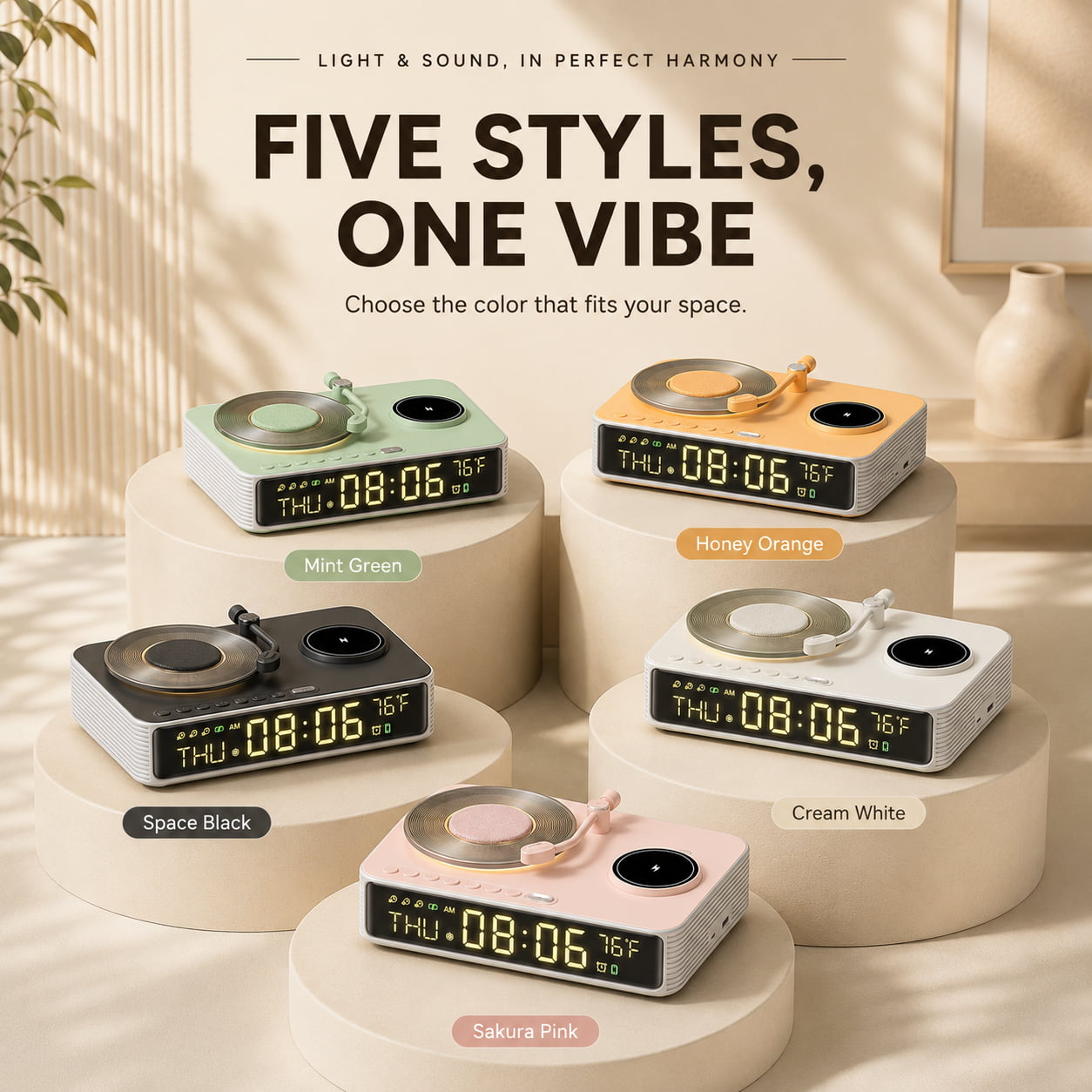 6-in-1 Retro Wireless Charging Bluetooth Speaker with Clock