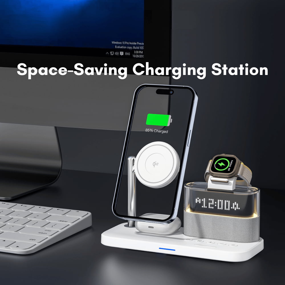 space saving qi2 wireless charger alarm clock