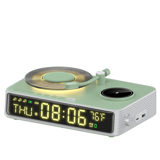 6-in-1 Retro Wireless Charging Bluetooth Speaker with Clock