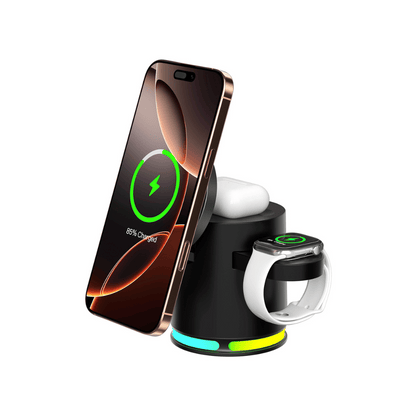 black 4 in 1 qi2 wireless charging station with RGB light