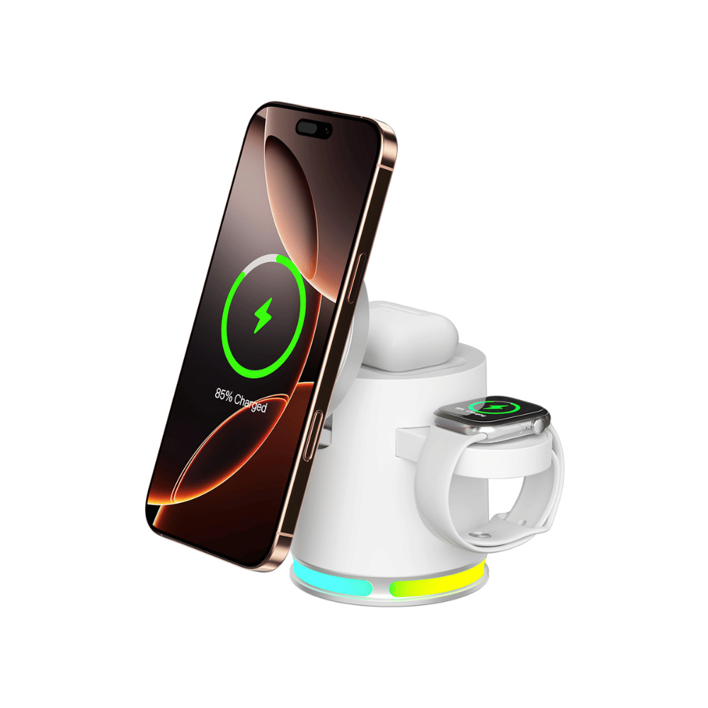 white 4 in 1 qi2 wireless charging station with RGB light