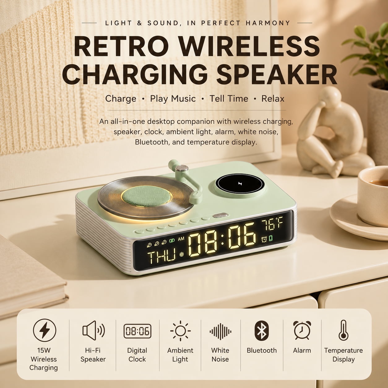 6-in-1 Retro Wireless Charging Bluetooth Speaker with Clock