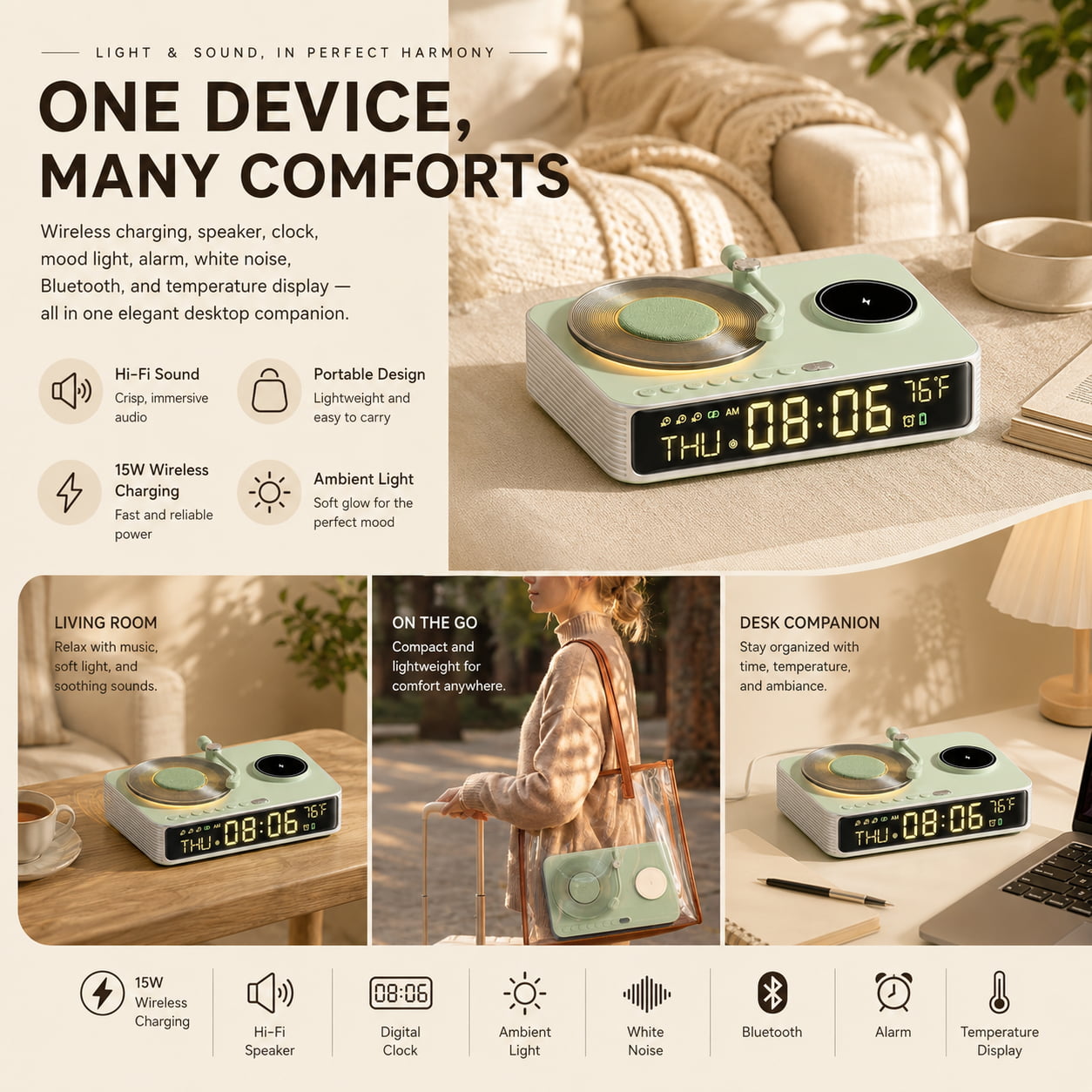 6-in-1 Retro Wireless Charging Bluetooth Speaker with Clock