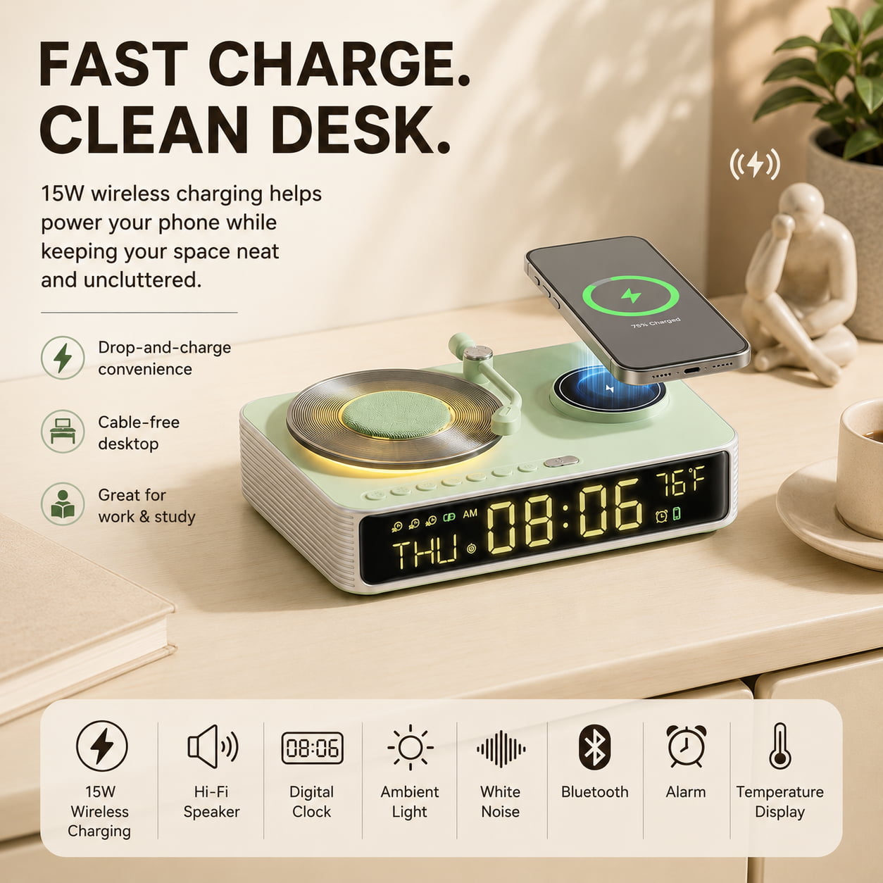 6-in-1 Retro Wireless Charging Bluetooth Speaker with Clock