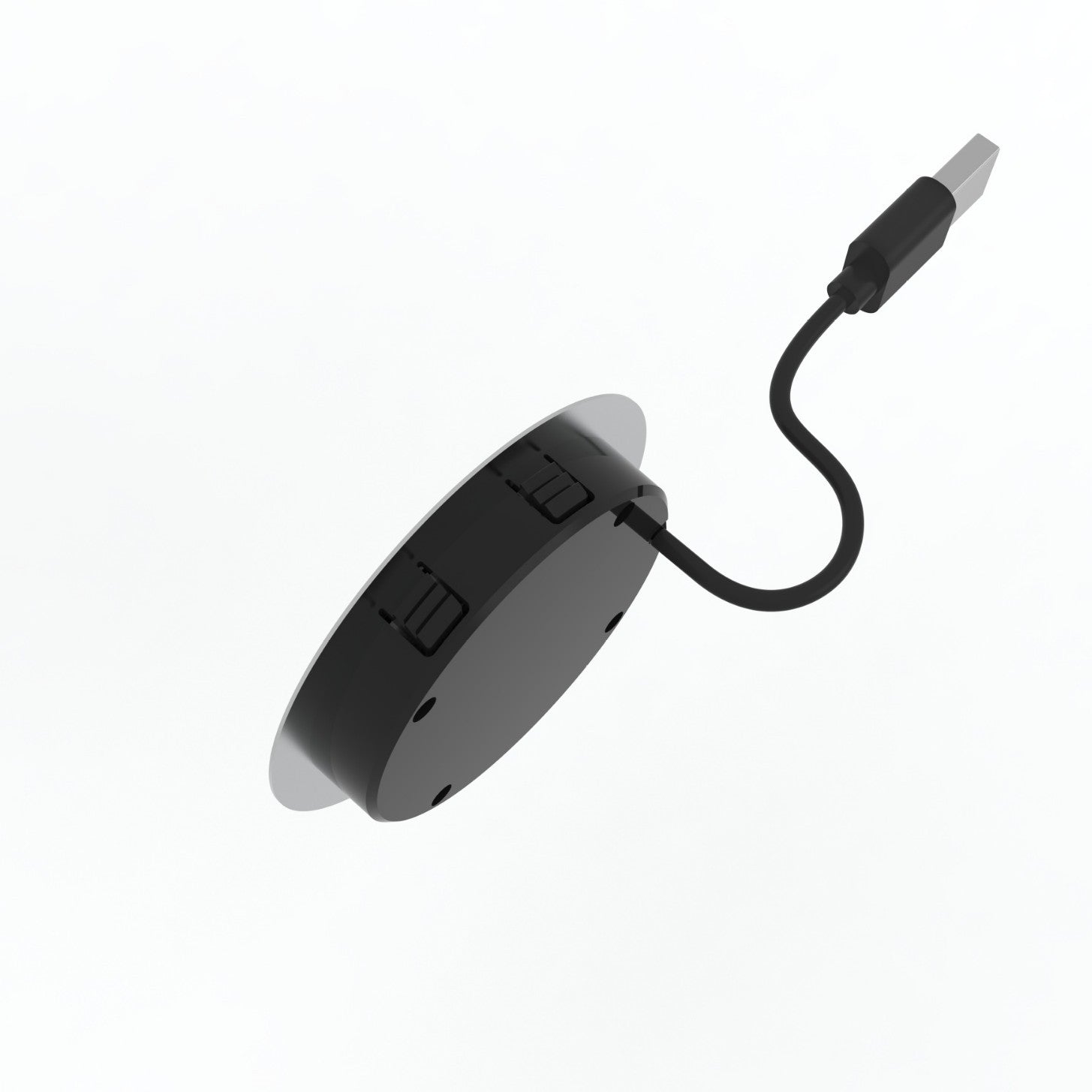 Black wireless charging pad with USB-C cable on a white background