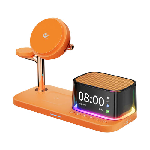 Orange wireless charging station with digital clock display 
