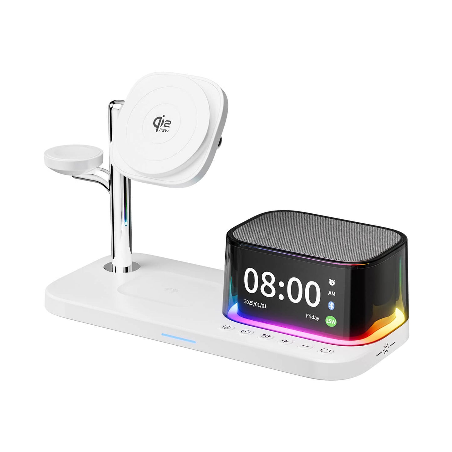 White wireless charging stand with digital display 