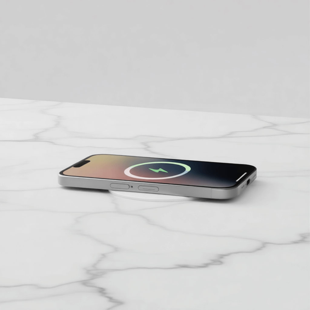 a phone charging on a granite countertop